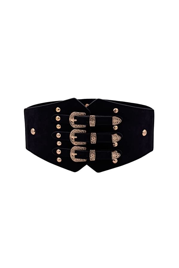 Obi Ceinture vintage large élastique à triple boutonnage réglable, Noir - rétro, Large