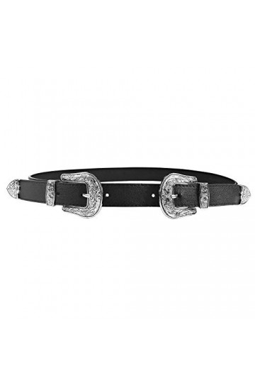 MYB Ceinture pour femme en similicuir à boucle double ornée - différentes tailles - 80 - 90 cm - Noir