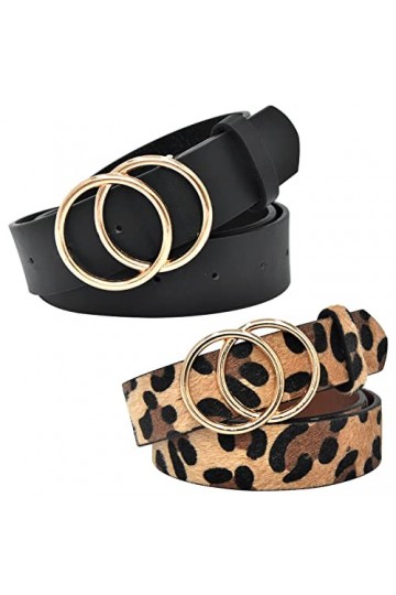 DUOXIN 2 Pièces Ceintures en Cuir pour Femmes, PU Ceintures En Cuir à La Mode Double O-Ring Boucle Ronde Ceinture de Pantalon