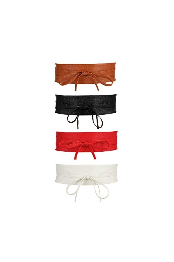 Popuppe 4 Coloris Obi Ceinture Large pour Femme Similicuir, Accessoire tendance Ficeler vintage cinch bowknot Fermeture à lac