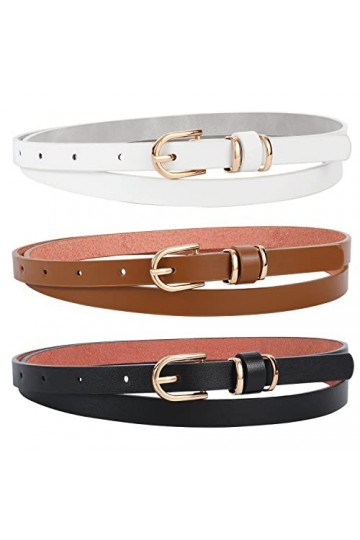 WERFORU Lot de 3 ceintures fines en cuir synthétique pour femme - Couleur unie - Avec boucle dorée - Pour jeans, A noir + mar