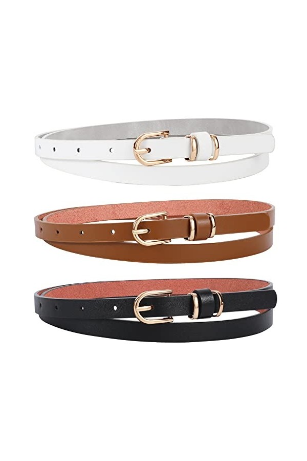 WERFORU Lot de 3 ceintures fines en cuir synthétique pour femme - Couleur unie - Avec boucle dorée - Pour jeans, A noir + mar