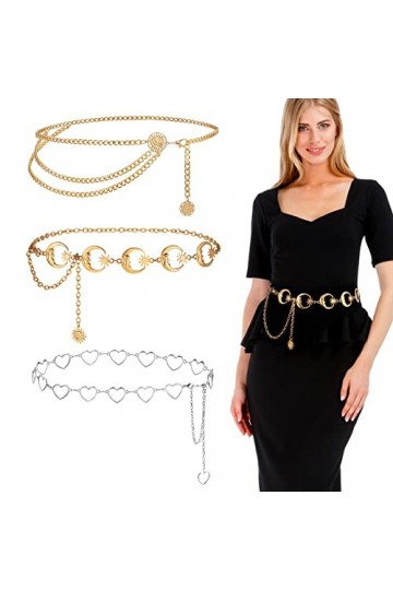 BETESSIN 3pcs Ceinture Femme Robe en Métal Or Argent Réglable avec Chaîne Paillettes Ceinture forme Cœur Étoile Lune Fleur de