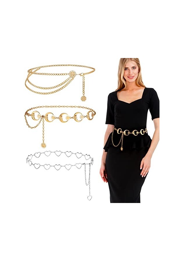 BETESSIN 3pcs Ceinture Femme Robe en Métal Or Argent Réglable avec Chaîne Paillettes Ceinture forme Cœur Étoile Lune Fleur de