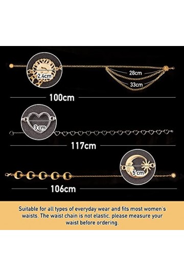 BETESSIN 3pcs Ceinture Femme Robe en Métal Or Argent Réglable avec Chaîne Paillettes Ceinture forme Cœur Étoile Lune Fleur de