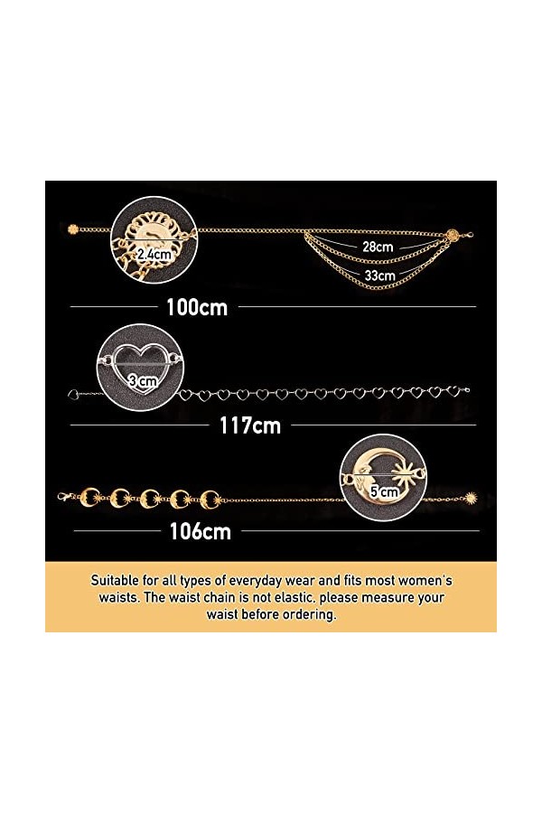 BETESSIN 3pcs Ceinture Femme Robe en Métal Or Argent Réglable avec Chaîne Paillettes Ceinture forme Cœur Étoile Lune Fleur de