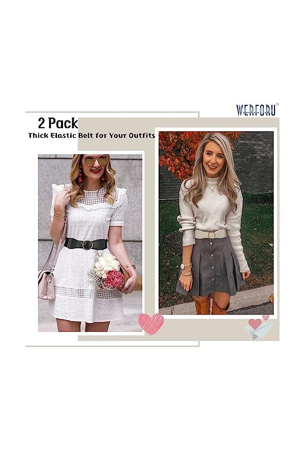 WERFORU Lot de 2 ceintures élastiques pour femme - Vintage - Large ceinture pour robe - Tendance - Extensible, B-noir+beige, 