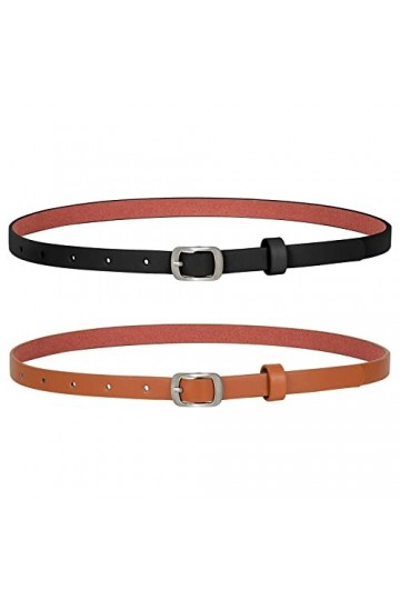 XZQTIVE Lot de 2 ceintures fines en cuir pour femme avec boucle argentée pour pantalons, jeans, robes, A-noir+marron, XX-Larg