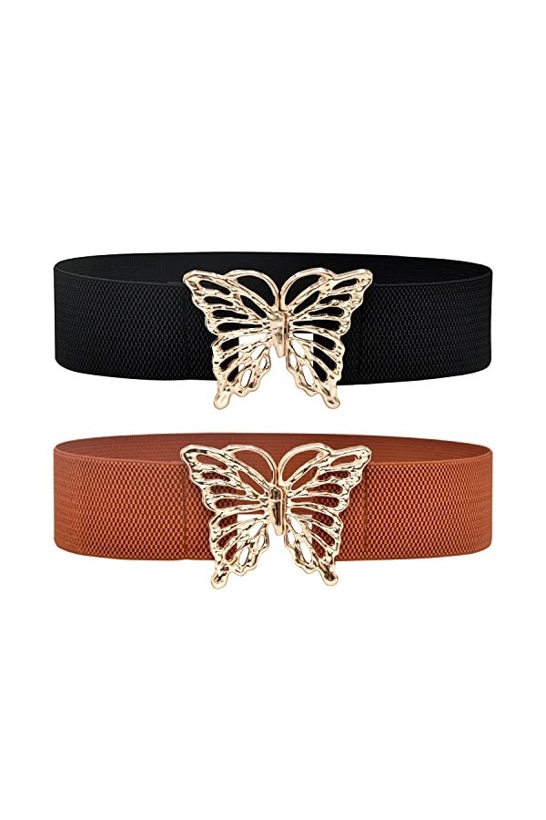 DUOXIN Lot de 2 Ceintures Élastique pour Femme, Mode Ceinture de Taille Large Extensible Ceinture avec Papillon Boucle pour R