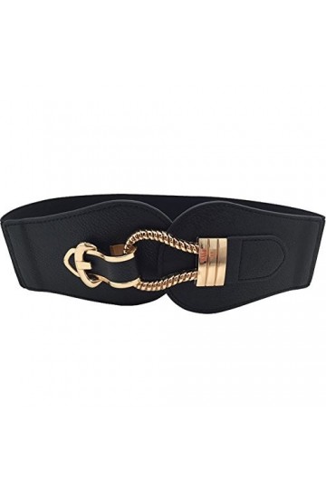 Ceinture large élastique pour femme avec boucle en métal décorative rétro taille haute pour robes, Noir , 76 cm S/L 76/99 cm