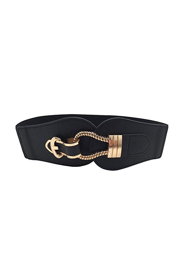 Ceinture large élastique pour femme avec boucle en métal décorative rétro taille haute pour robes, Noir , 76 cm S/L 76/99 cm