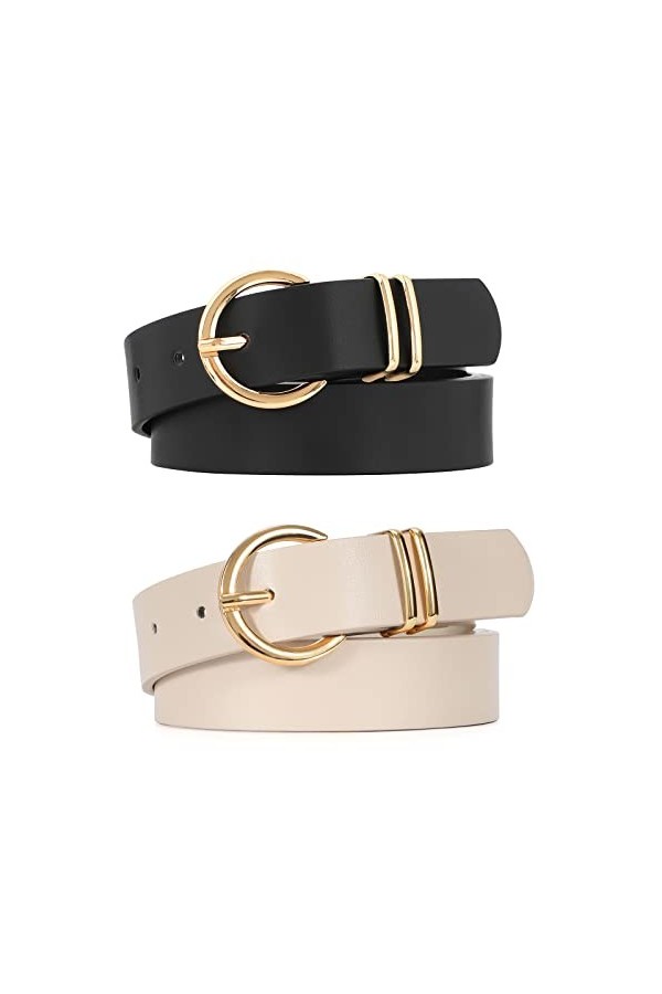 JASGOOD Lot de 2 ceintures en cuir pour femme pour jeans - Ceinture tendance pour robes - Boucle dorée, A noir + marron, XXL: