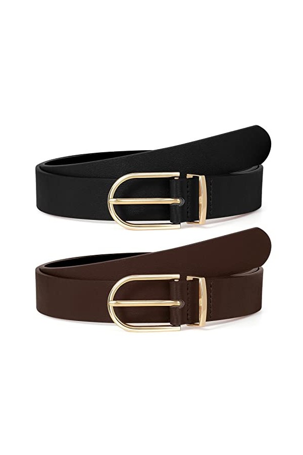 SUOSDEY Lot de 2 ceintures en cuir pour femme avec boucle dorée élégante, 2,8 cm de large, 05. noir + café, S: Anzug für Hose