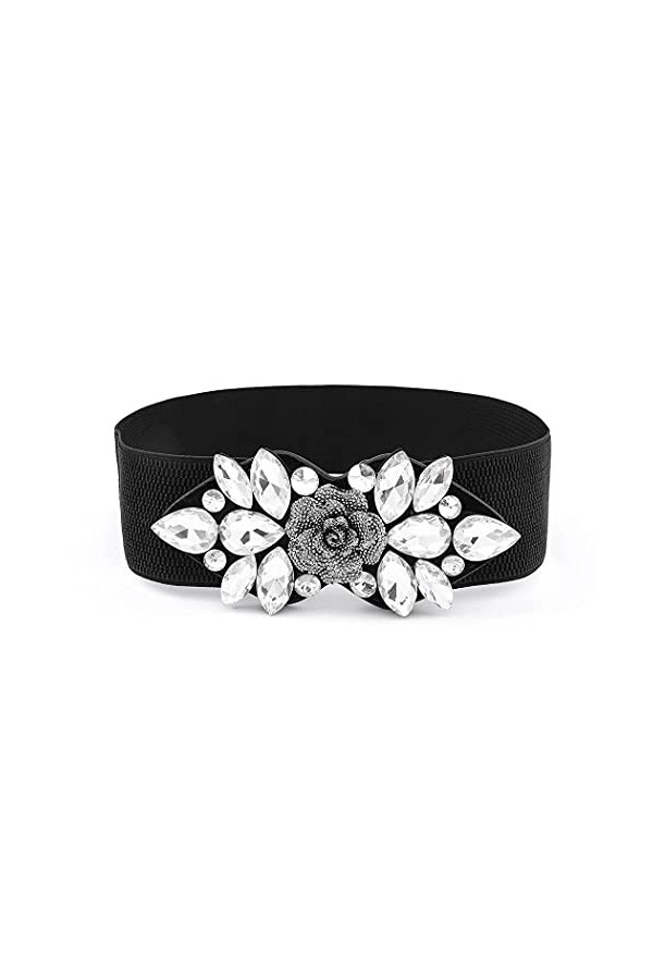 Sethexy Strass Élastique Ceinture Le noir Cristal Large Sétirer Ceintures pour femmes Fleur Ceintures de serrage pour Robe