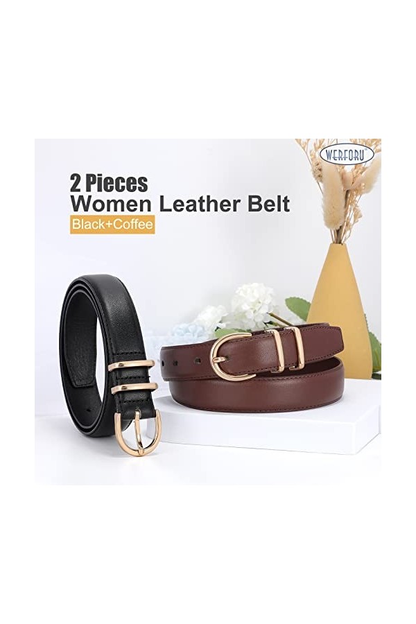 WERFORU Lot de 2 ceintures en cuir pour femme - Pour jeans - Mode - Pour pantalons et robes - Avec boucle dorée, B-noir+café,