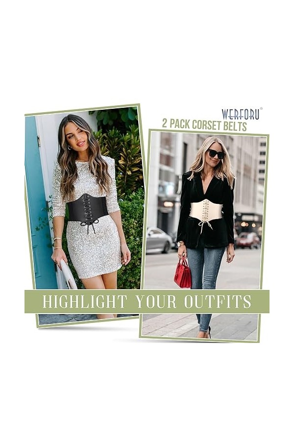 WERFORU Lot de 2 ceintures Waspie profondes pour femme - Large ceinture à lacets pour femme - Corset élastique - Pour fête d