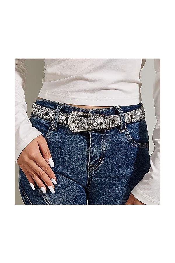JowTreex Ceinture en strass pour homme et femme, ceinture en cuir synthétique pour jeans, pantalons, robes, Argenté., 28-35W