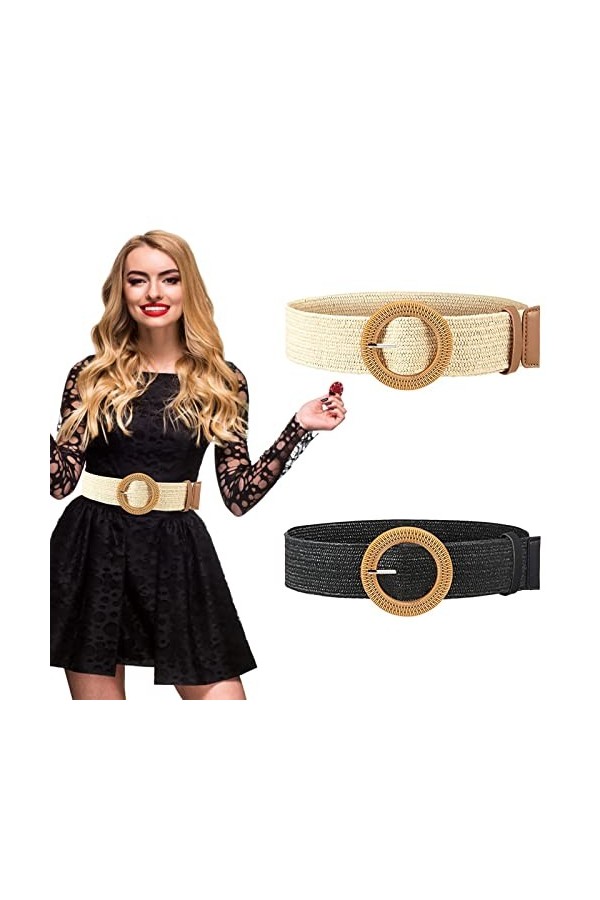 Lot de 2 ceintures tressées élastiques en paille tissée pour femme - Style ethnique - Pour robe de femme, jean, pull., Noir ,