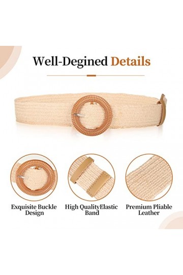 Lot de 2 ceintures tressées élastiques en paille tissée pour femme - Style ethnique - Pour robe de femme, jean, pull., Noir ,