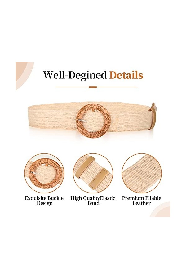 Lot de 2 ceintures tressées élastiques en paille tissée pour femme - Style ethnique - Pour robe de femme, jean, pull., Noir ,