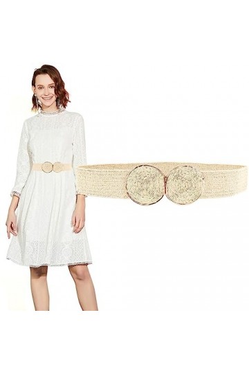 Longwu Ceinture élastique tissée en paille pour femme, ceinture de style bohème avec boucle à crochet, beige, Fits waist up t