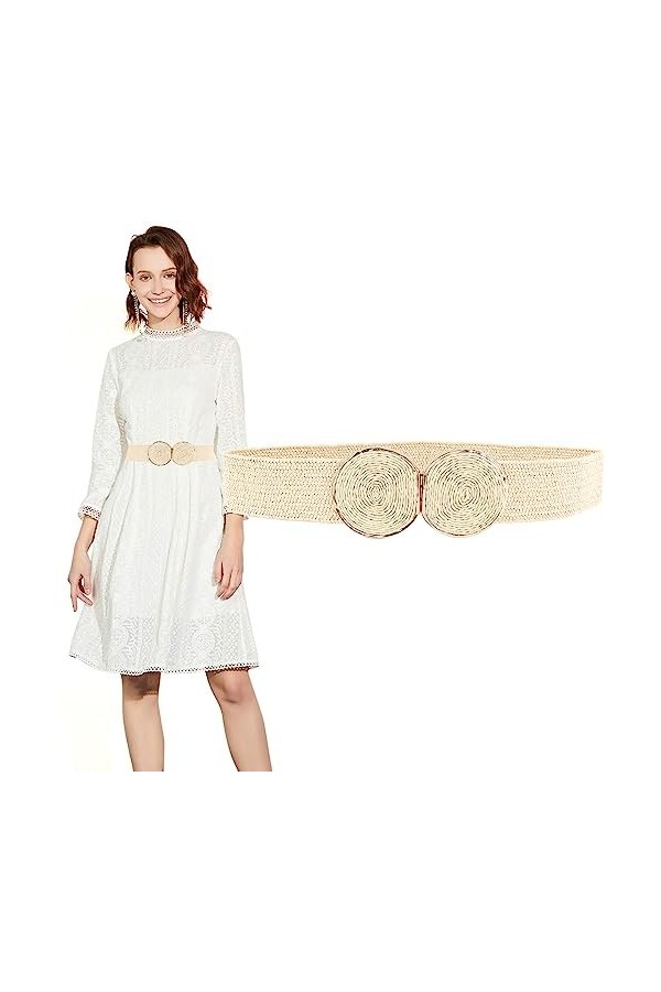 Longwu Ceinture élastique tissée en paille pour femme, ceinture de style bohème avec boucle à crochet, beige, Fits waist up t