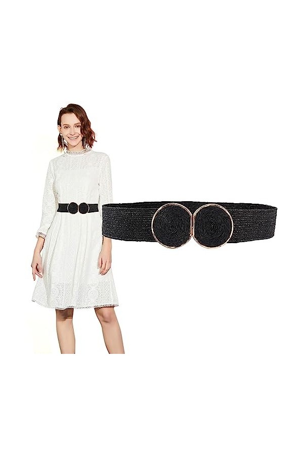Longwu Ceinture élastique tissée en paille pour femme, ceinture de style bohème avec boucle à crochet, beige, Fits waist up t