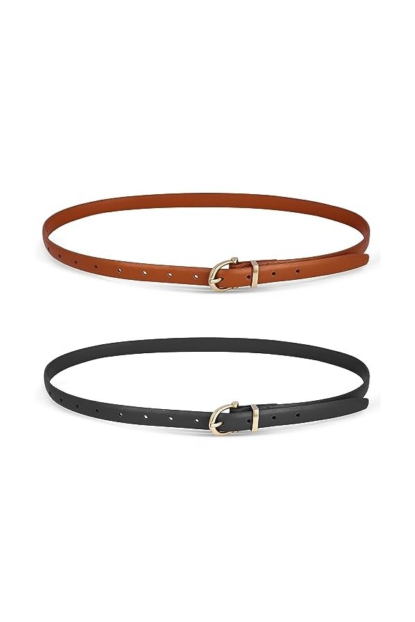 Ajerg Lot de 2 ceintures de taille fines en cuir avec boucle circulaire dorée - Élégante ceinture fine pour femme - Pour robe