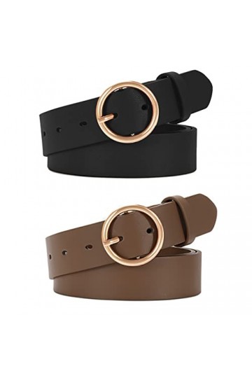 WERFORU Lot de 2 ceintures en cuir pour femme - Pour jeans - Pantalon - Mode - Ceinture en cuir avec boucle dorée, C-noir+caf