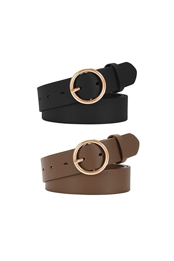 WERFORU Lot de 2 ceintures en cuir pour femme - Pour jeans - Pantalon - Mode - Ceinture en cuir avec boucle dorée, C-noir+caf