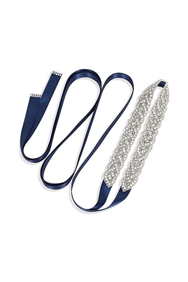 JasGood Ceinture de mariée en strass faite à la main en argent et strass pour robe de mariée, Bleu mer 2, Gesamtlänge:43cm St