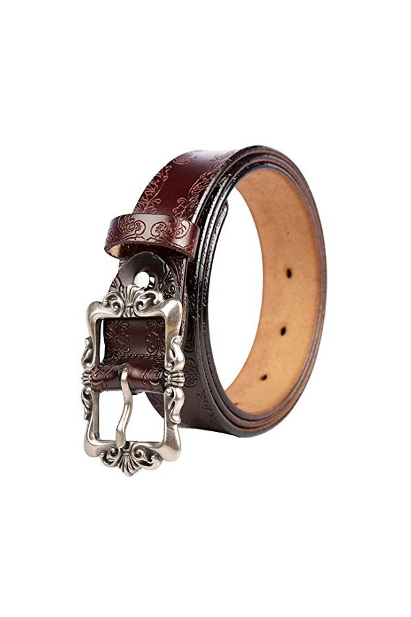 DDL Femmes Ceinture Cuir Véritable Rétro Gaufrage Désign Fille Ceinture Pour Jeans, Robe, Short, Long 95/115 Argent Boucle Ar