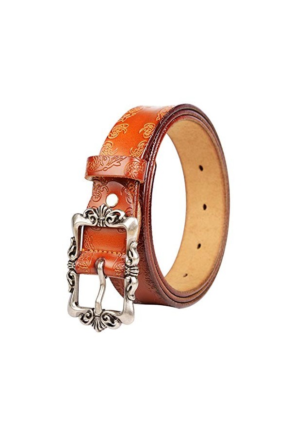 DDL Femmes Ceinture Cuir Véritable Rétro Gaufrage Désign Fille Ceinture Pour Jeans, Robe, Short, Long 95/115 Argent Boucle Ar