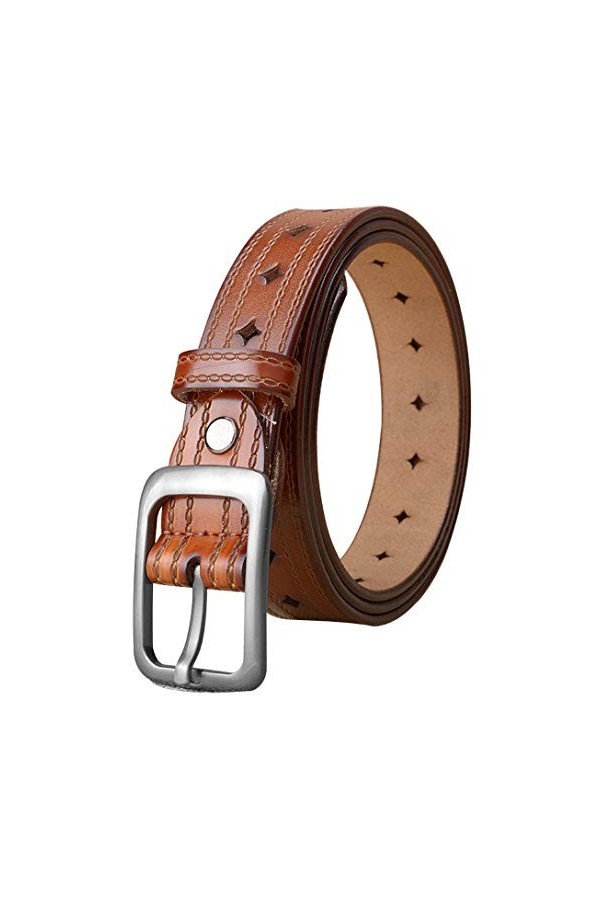 DDL Femme Ceinture Réel Cuir Rhombe Poreux Conception,long 95/115 Argent épingle Boucle Mode Dames Ceinture 1,1 Pouce Large F