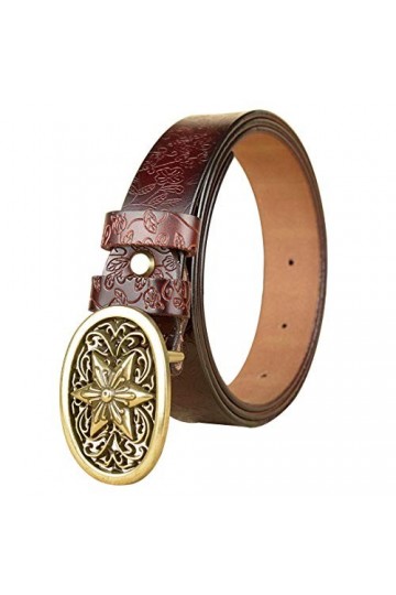 DDL Dames Gaufrée Fleurs Désign Ceinture Réel Cuir Longue 95/115 Cm or Pentacle épingle Boucle Mode Femmes Ceinture 1,1 Pouce