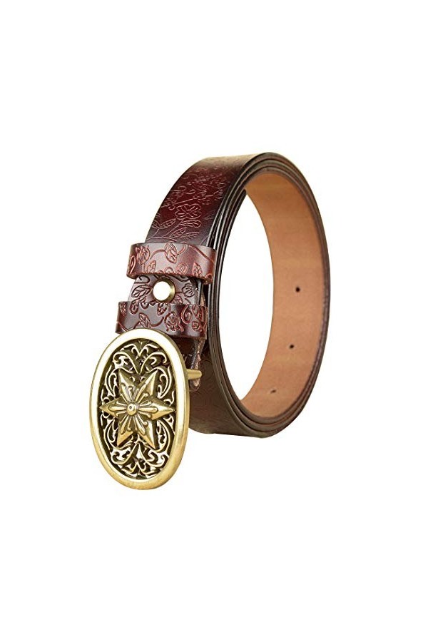 DDL Dames Gaufrée Fleurs Désign Ceinture Réel Cuir Longue 95/115 Cm or Pentacle épingle Boucle Mode Femmes Ceinture 1,1 Pouce