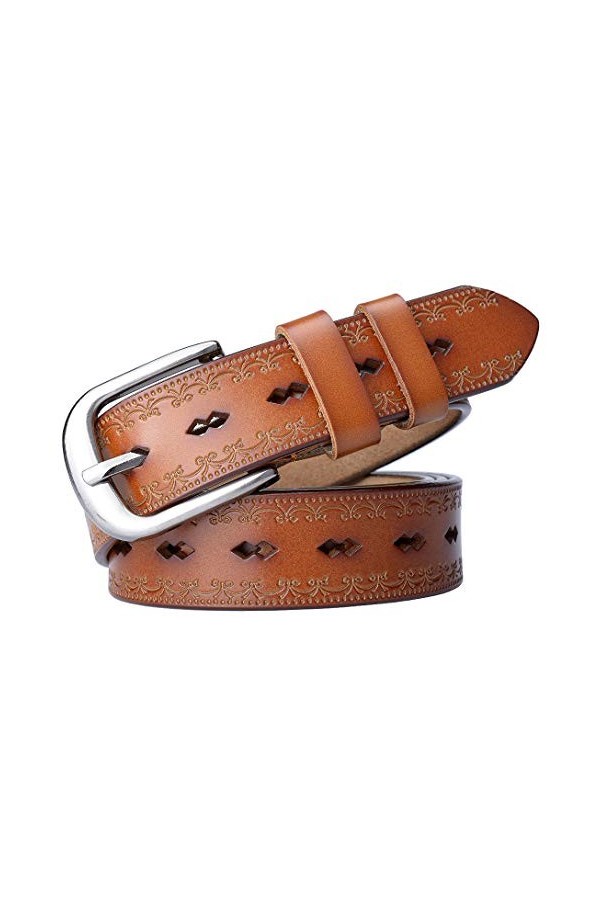 DDL Rétro Femme/Dame Ceinture Véritable Peau Vache Cuir 1,1 Pouces Large, Argent Boucle Creux Gaufrage Conception Ceinture Fi