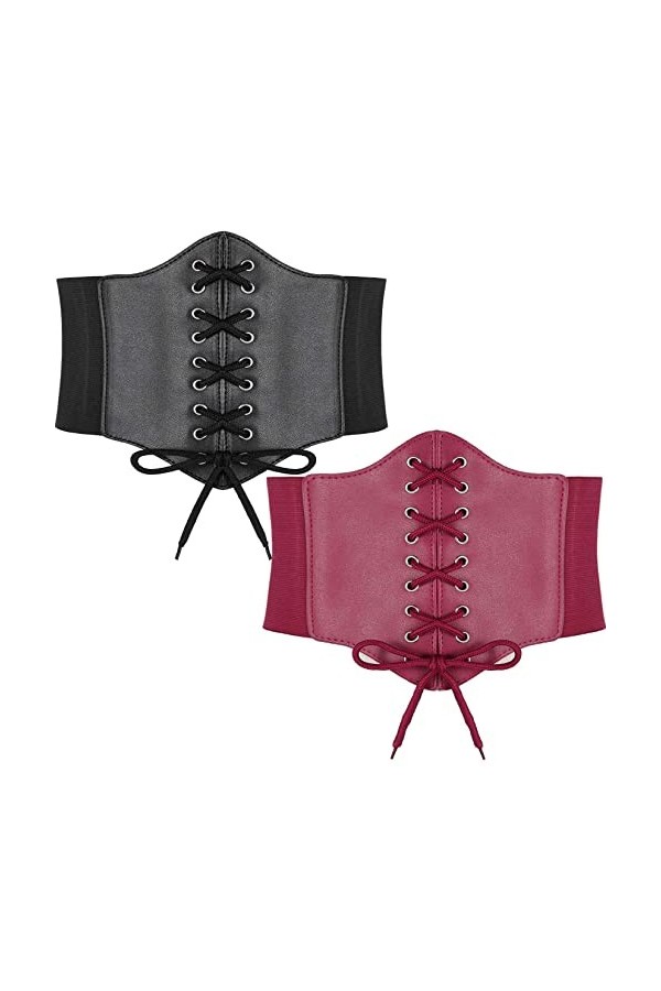Hoerev Dames Filles Élastique Large bande Élastique Attaché Guêpe Corset Taille Ceinture Bustiers Corsets，Noir + rouge foncé，