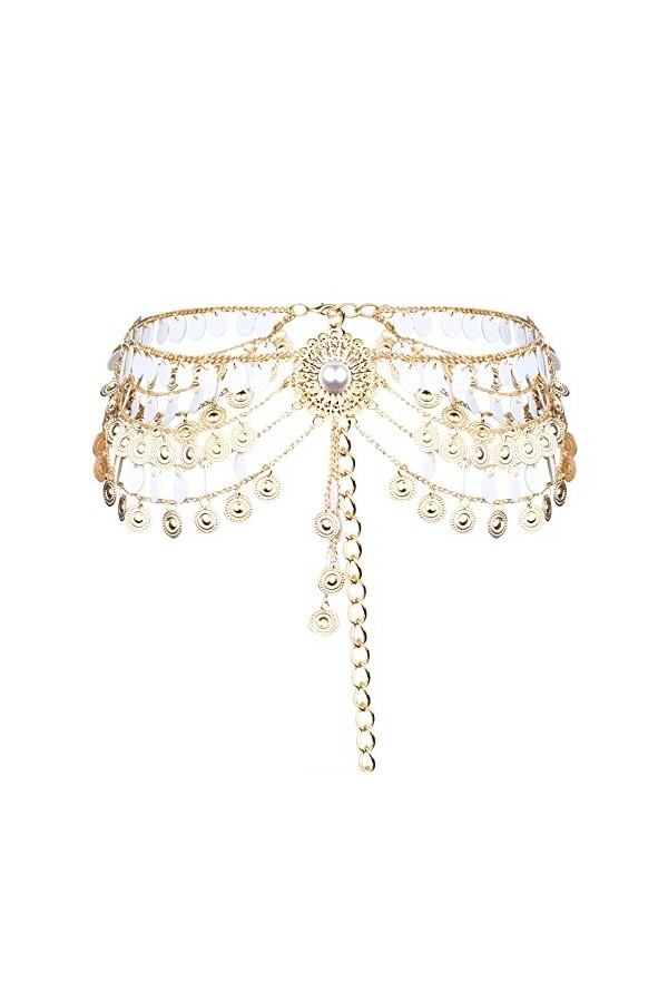MEGAUK Ceinture en chaîne rétro pour femme - Ceinture en métal à franges - Pour danse du ventre, Or 07431, taille unique