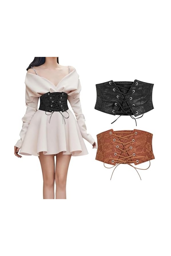 WERFORU Lot de 2 ceintures pour femme - Ceinture large élastique pour Halloween, C-noir+café, M:Passend für Taillengröße 70-8