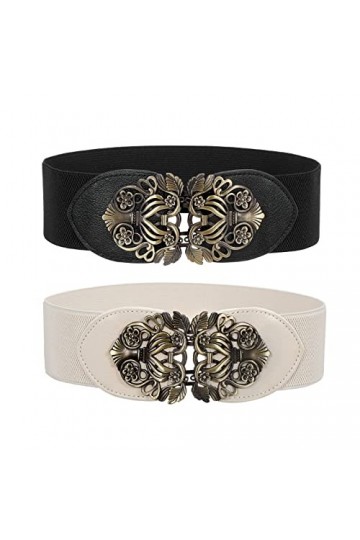 WERFORU Large ceinture élastique pour femme, vintage, extensible, large - Rétro - Mode Cinch pour robes, C-noir+beige, Passt 