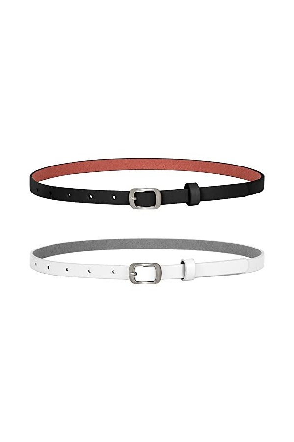 XZQTIVE Lot de 2 ceintures fines en cuir pour femme avec boucle argentée pour pantalons, jeans, robes, B-noir+blanc, 110cm Pa