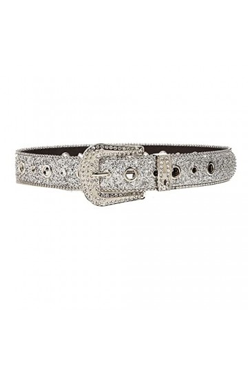 JowTreex Ceinture en cuir clouté avec strass pour homme et femme, Argenté., 28-35W