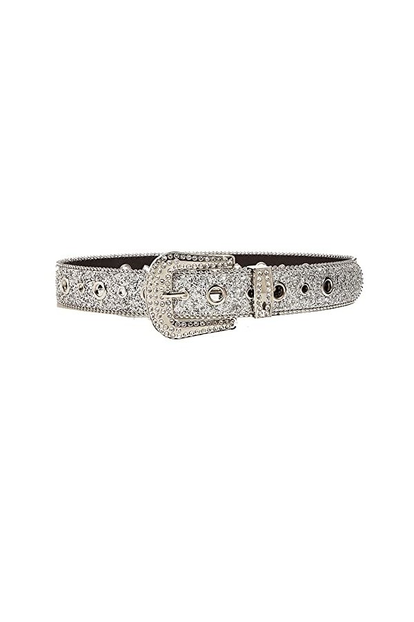 JowTreex Ceinture en cuir clouté avec strass pour homme et femme, Argenté., 28-35W