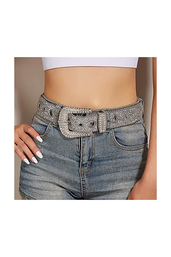 JowTreex Ceinture en cuir clouté avec strass pour homme et femme, Argenté., 28-35W