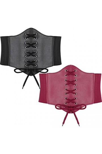 Hoerev Dames Filles Élastique Large bande Élastique Attaché Guêpe Corset Taille Ceinture Bustiers Corsets，Noir + rouge foncé，