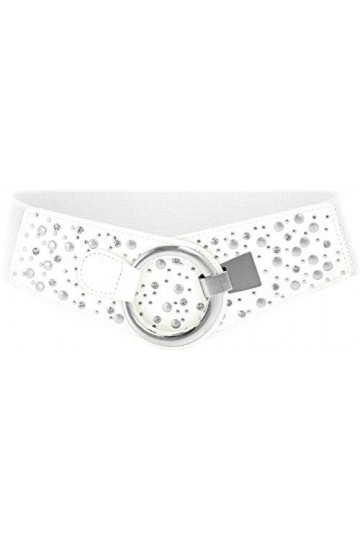 BlackButterfly Large Élastique Extensible Métal Clouté Crochet Boucle Ceinture Blanc, L 