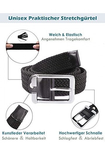 LAKIDAY Ceinture pour Homme et Femme, Unisexe Élastique Ceintures en Tissu Tressée Sans Trous Largeur 3.3cm Noir 110CM