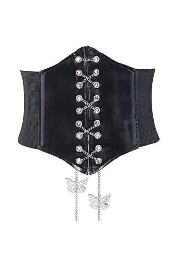 Lamdgbway Corset En Cuir À Lacets Ceinture Élastique Rétro Ceinture Pour Femmes Grils Papillon Noir 75cm