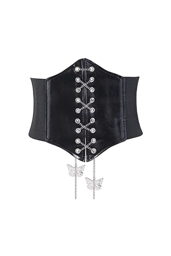 Lamdgbway Corset En Cuir À Lacets Ceinture Élastique Rétro Ceinture Pour Femmes Grils Papillon Noir 75cm